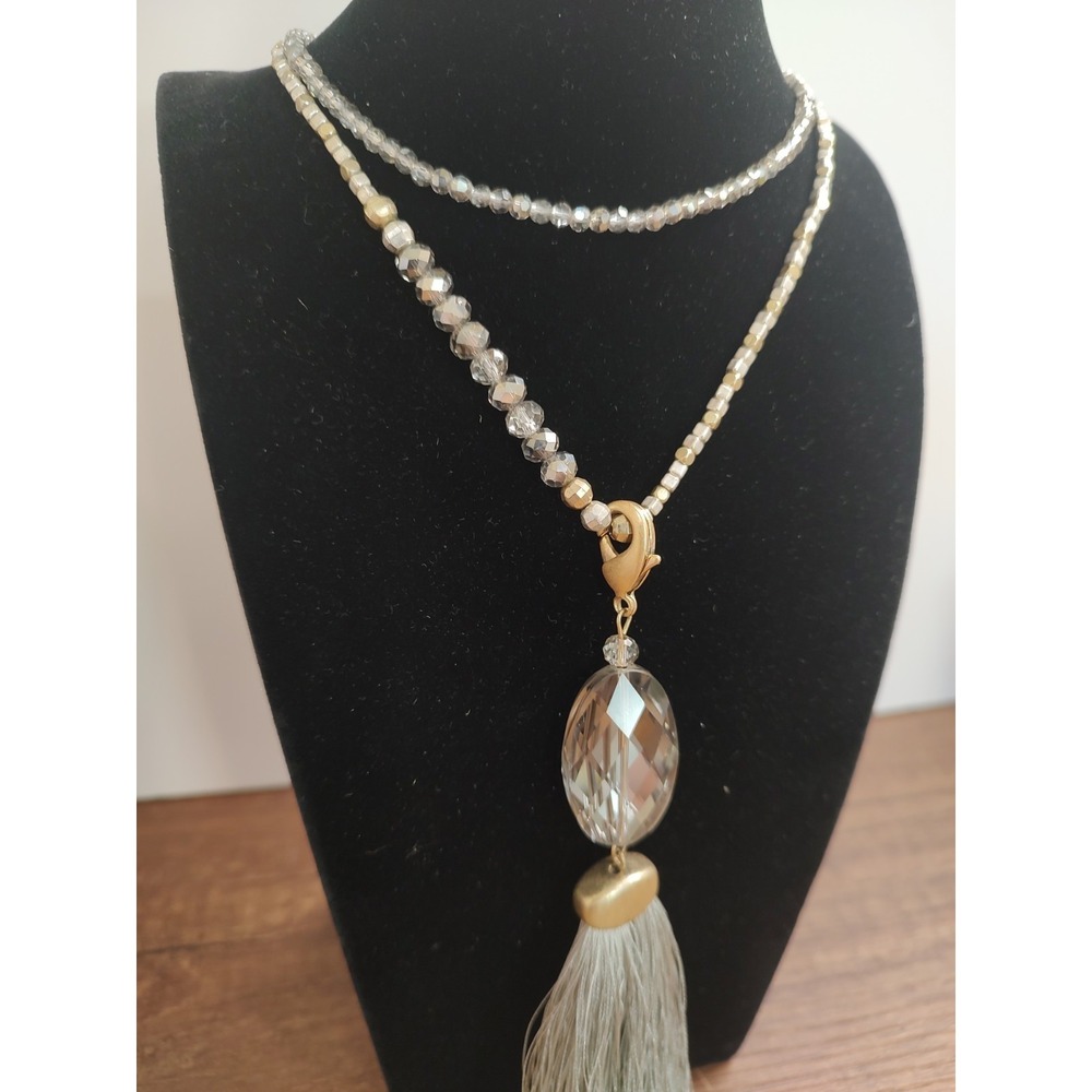 Premier Designs "Dazzled" Smoky Crystal Matte Silver & Gold Tassel Necklace 32" - Picture 4 of 7